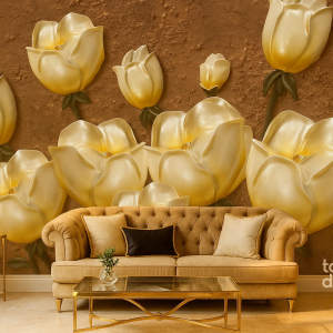 پوستر دیواری سه‌بعدی طرح لاله‌های کرمی ابریشمی بر زمینه قهوه‌ای بافت‌دار