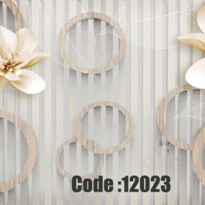 پوستر دیواری سه‌بعدی طرح گل‌های کرمی و دایره‌های چوبی