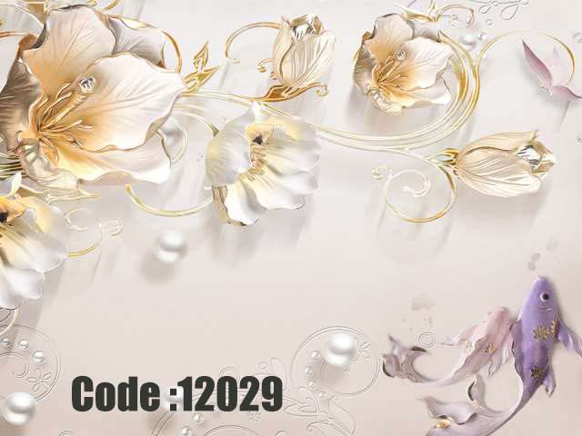 پوستر دیواری سه‌بعدی طرح گل‌های طلایی و ماهی‌های فیروزه‌ای