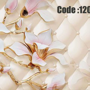 پوستر دیواری سه‌بعدی طرح شکوفه‌های صورتی و شاخه‌های طلایی