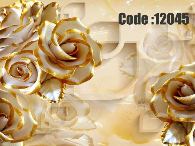 پوستر دیواری سه‌بعدی طرح رزهای کرمی و طلایی
