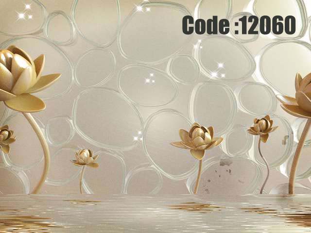 پوستر دیواری سه‌بعدی طرح نیلوفرهای طلایی روی آب و زمینه کریستالی