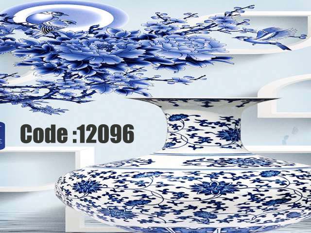 پوستر دیواری سه‌بعدی طرح گلدان چینی آبی با شکوفه‌های نیلی