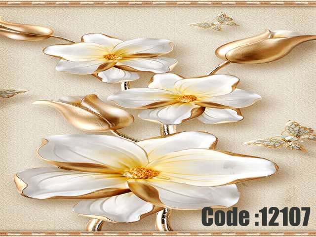 پوستر دیواری سه‌بعدی طرح گل‌های طلایی ابریشمی و پروانه‌های ظریف