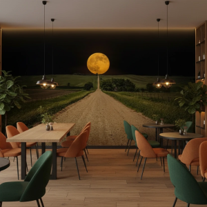 پوستر دیواری منظره جاده خاکی و ماه کامل بزرگ در انتهای مسیر