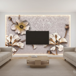 پوستر دیواری سه بعدی با گل های سفید و طلایی برجسته روی زمینه داماسک یاسی رنگ