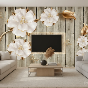 پوستر دیواری سه بعدی با زمینه الوارهای چوبی عمودی و گل های سفید سرامیکی با لبه های طلایی