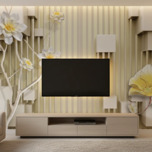 پوستر دیواری سه بعدی با مکعب های سفید و گل های زرد روی زمینه راه راه کرم