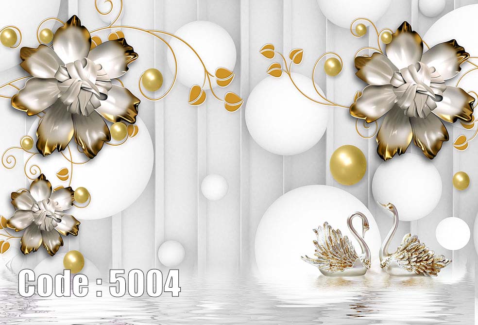 پوستر دیواری سه بعدی طرح قو و گل نقره ای