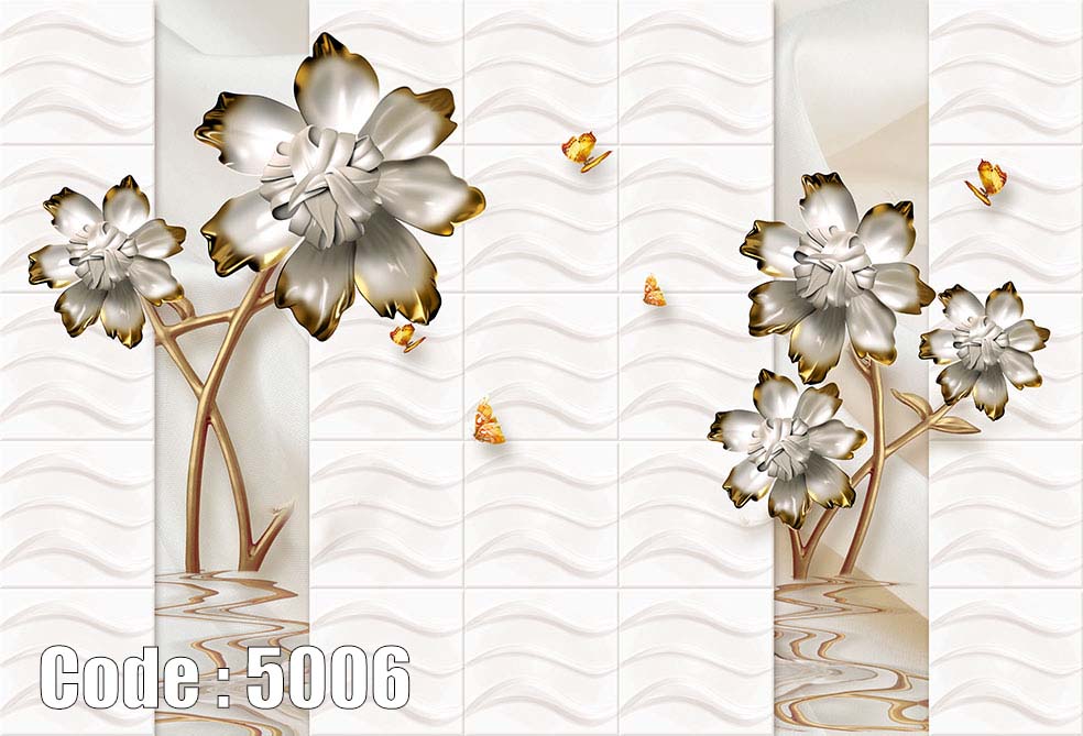 پوستر دیواری سه بعدی گل نقره ای و طلایی طرح موج دار