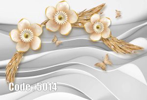 پوستر دیواری سه بعدی گل های صدفی با حاشیه طلایی و پروانه های کوچک روی زمینه موج دار