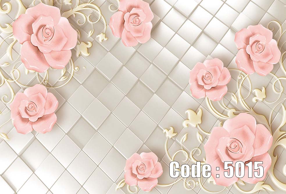 پوستر دیواری سه بعدی گل های رز صورتی بزرگ روی زمینه مکعبی سفید