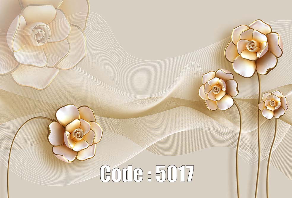 پوستر دیواری سه بعدی گل های رز طلایی و کرم با زمینه موج دار انتزاعی