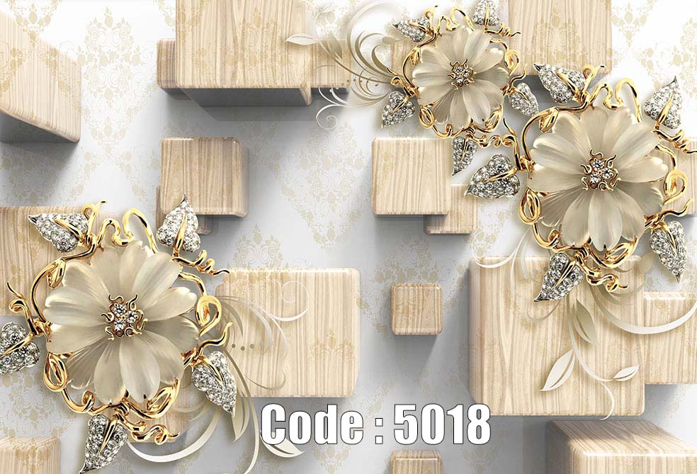 پوستر دیواری سه بعدی با مکعب های چوبی معلق و گل های جواهرنشان طلایی و نقره ای