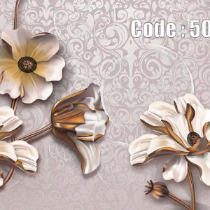 پوستر دیواری سه بعدی با گل های سفید و طلایی برجسته روی زمینه داماسک یاسی رنگ