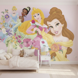 پوستر دیواری اتاق کودک طرح چهار پرنسس دیزنی بل و سیندرلا و آرورا و تیانا با زمینه صورتی
