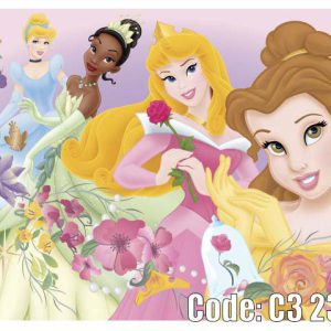 پوستر دیواری اتاق کودک طرح چهار پرنسس دیزنی بل و سیندرلا و آرورا و تیانا با زمینه صورتی