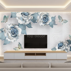 پوستر دیواری گل رز آبی با پروانه‌های لطیف