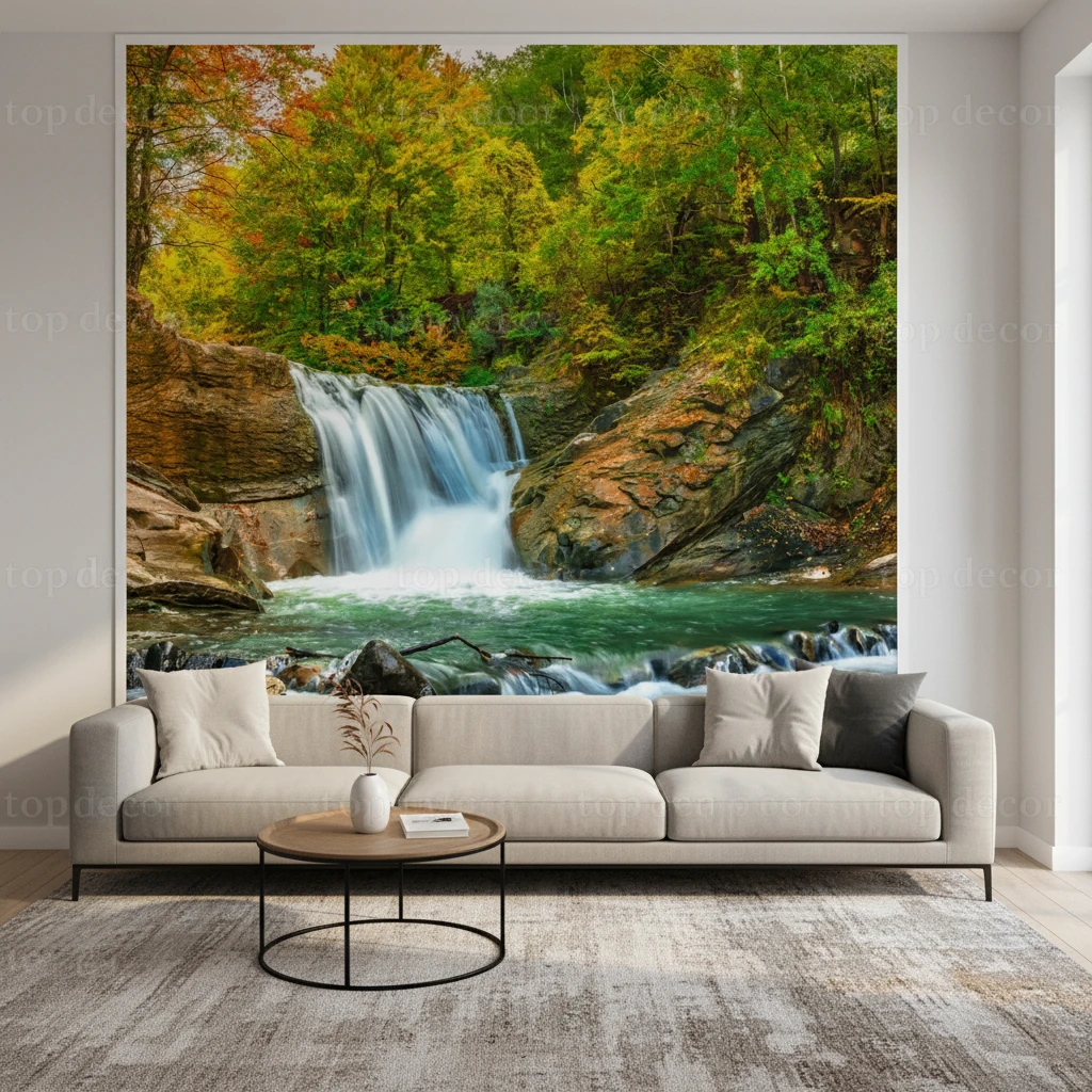 پوستر دیواری آبشار جنگلی پاییزی | آرامش طبیعت در دکوراسیون مدرن