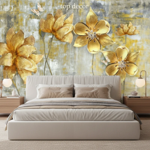 پوستر دیواری گل‌های طلایی برجسته | شکوه لطیف و هنر لوکس