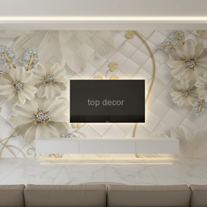 پوستر دیواری سه‌بعدی گل‌های کرم نگین‌دار با طرح لوکس کلاسیک