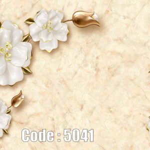 پوستر دیواری سه‌بعدی گل‌های سفید و طلایی با زمینه مرمر لوکس