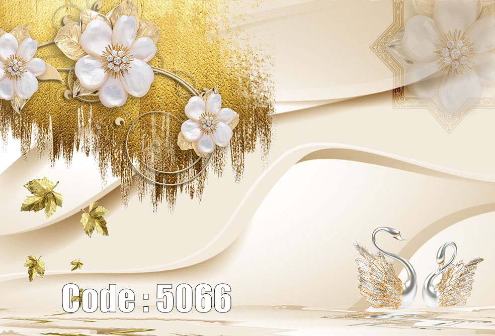 پوستر دیواری سه‌بعدی گل سفید طلایی با طرح قوهای تزئینی