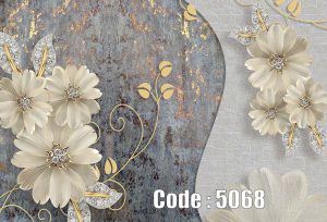 پوستر دیواری سه‌بعدی گل کرم نگین‌دار با زمینه طوسی لوکس