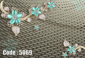 پوستر دیواری سه‌بعدی گل فیروزه‌ای نگین‌دار با زمینه حصیری لوکس