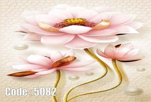 پوستر دیواری سه‌بعدی گل لوتوس صورتی با ساقه‌های طلایی