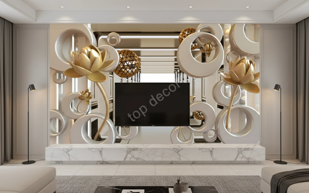 پوستر دیواری سه‌بعدی نیلوفر طلایی هندسی با پرسپکتیو لوکس
