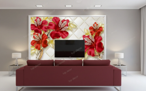 پوستر دیواری سه‌بعدی گل قرمز نگین‌دار با طراحی لوکس