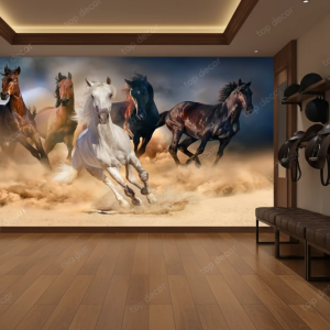 پوستر دیواری سه‌بعدی اسب‌های وحشی در حال دویدن با حس قدرت و آزادی