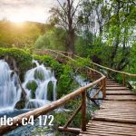 پوستر دیواری سه‌بعدی طبیعت | آبشار پلکانی با مسیر چوبی جنگلی