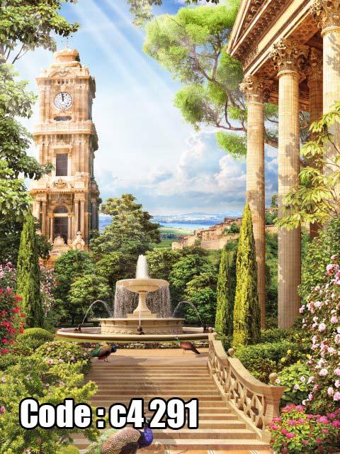 پوستر دیواری سه‌بعدی باغ سلطنتی کلاسیک با معماری اروپایی