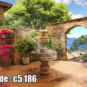 پوستر دیواری سه‌بعدی حیاط سنگی لوکس با آب‌نما و منظره دریا