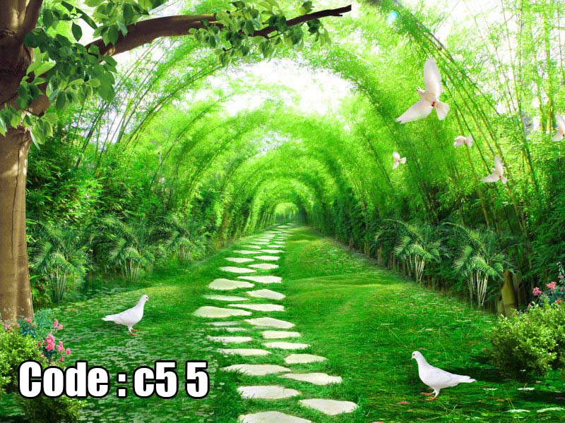 پوستر دیواری سه‌بعدی تونل سبز طبیعت با مسیر آرامش