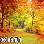 پوستر دیواری منظره جنگل پاییزی با مسیر سبز و درختان طلایی