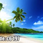 پوستر دیواری ساحل استوایی با نخل‌های سبز و دریای فیروزه‌ای