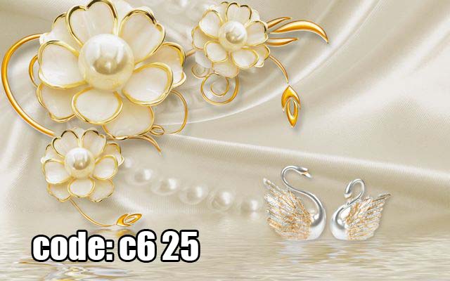 پوستر دیواری گل مرواریدی و قوهای طلایی | طرح لوکس و اشرافی