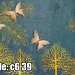 پوستر دیواری طلایی طرح پروانه و جنگل روی زمینه آبی کلاسیک