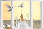 پوستر دیواری ستون‌های سفید و پرواز کبوتران | منظره‌ای آرامش‌بخش و لوکس