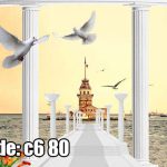 پوستر دیواری ستون‌های سفید و پرواز کبوتران | منظره‌ای آرامش‌بخش و لوکس