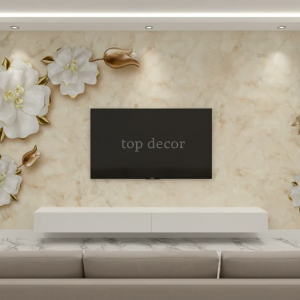 پوستر دیواری سه‌بعدی گل‌های سفید و طلایی با زمینه مرمر لوکس