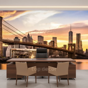 پوستر دیواری سه‌بعدی طرح پل بروکلین و نمای شهری نیویورک در غروب