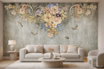 پوستر دیواری سه‌بعدی گل و پرنده کلاسیک با پس‌زمینه طوسی پتینه‌ای