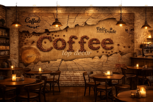 پوستر دیواری کافی‌شاپی طرح Coffee | دانه‌های قهوه روی چوب روستیک