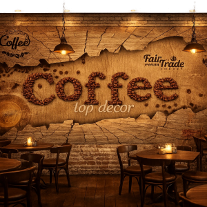 پوستر دیواری کافی‌شاپی طرح Coffee | دانه‌های قهوه روی چوب روستیک