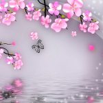 پوستر دیواری سه‌بعدی شکوفه صورتی انعکاس آب مدل بهاری