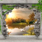 پوستر دیواری سه‌بعدی طاق سنگی و قو در غروب دریاچه